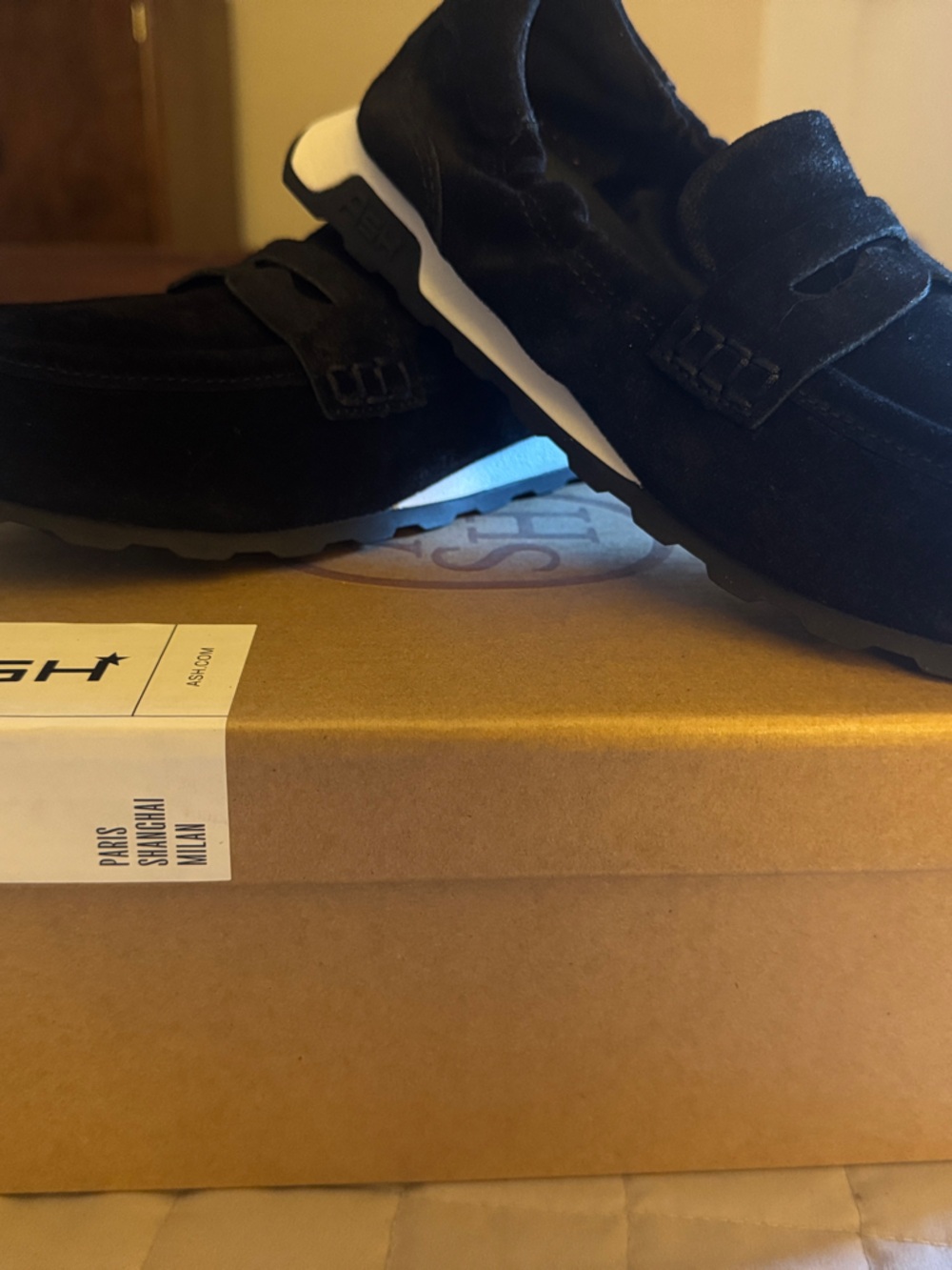 ASH Black Suede Slip-On Loafers with White Sole